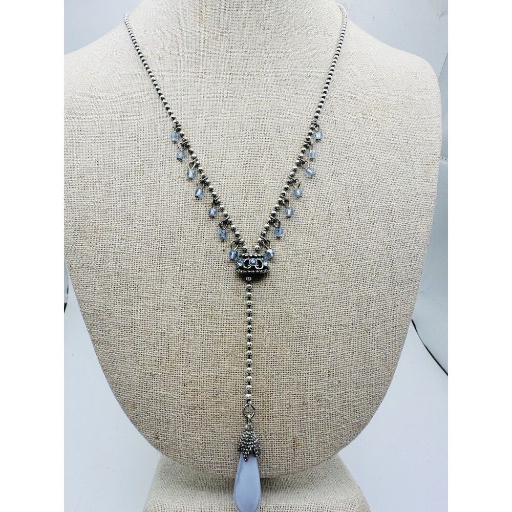 Vintage 1928 Rhinestone Crystal Lariat Agate Necklace 19.5”